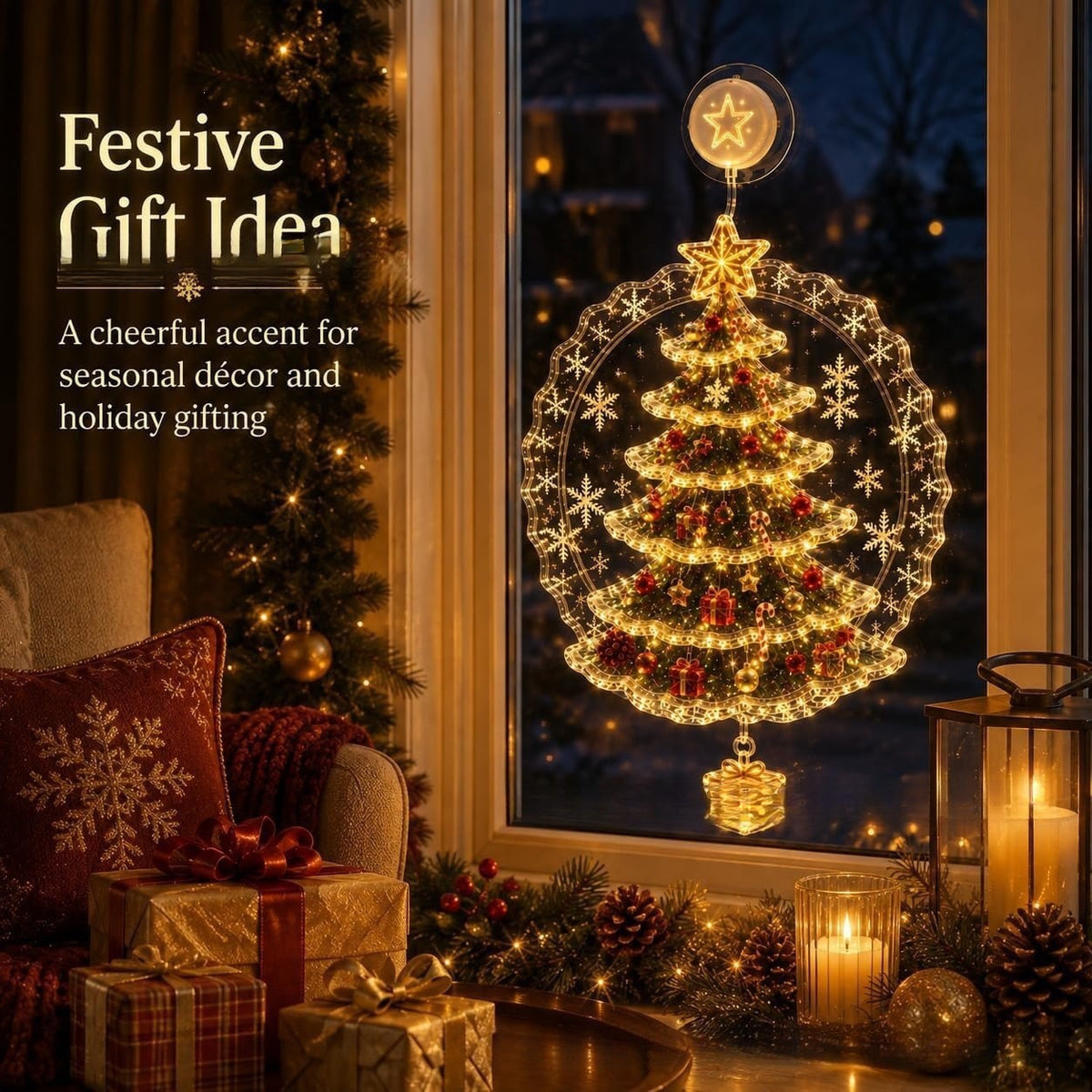 🎅🎄Lighted Christmas Window Decoration with Suction Cup | Warm LED Window Light & Multiple Festive Styles ✨